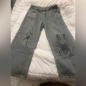 Gray Jeans with Spider Web Design